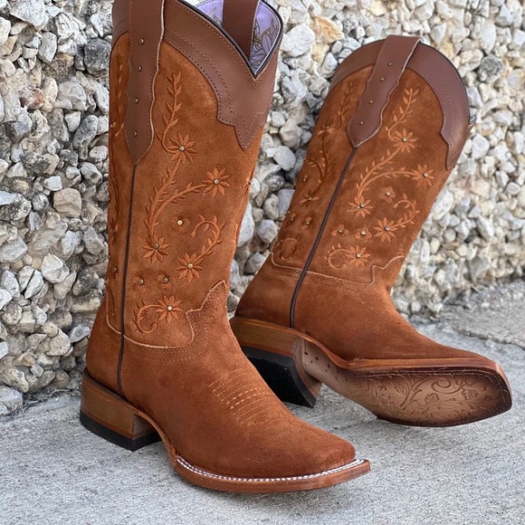 Shoes Womens Suede Western Cowboy Boots Floral Embroidered Cowgirl